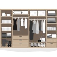 Wardrobe storage system in a modern style. Dressing room interior element, flat vector illustration. Closet with woman closing
